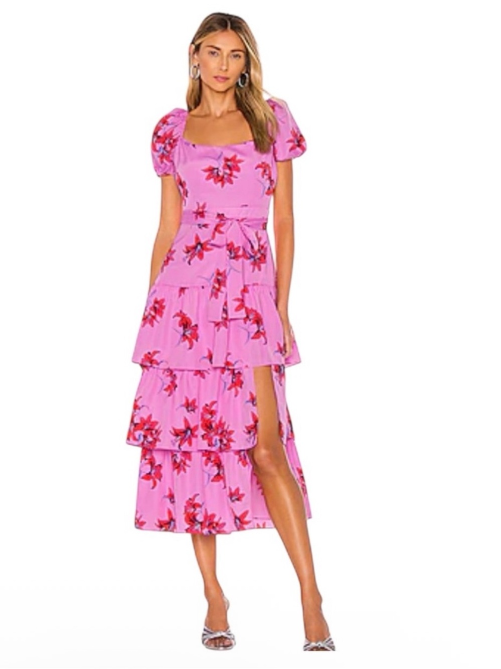 Likely Pink Floral Tiered High-Low Midi Dress